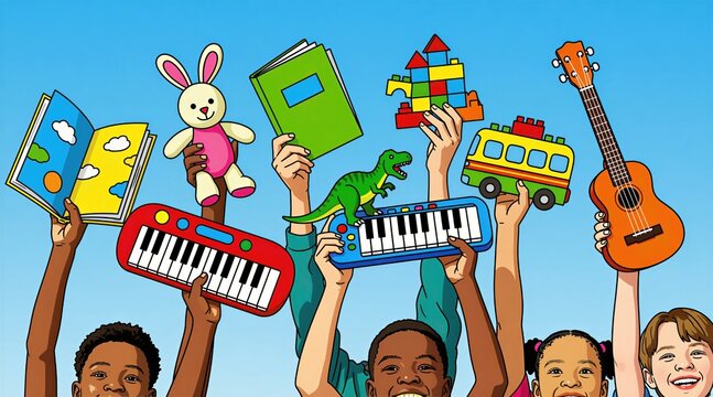 Diverse children happily hold various toys, educational items like books, keyboards, guitar. Show items for fun, learning, music, play. Group celebrates childhood discovery with colorful objects.