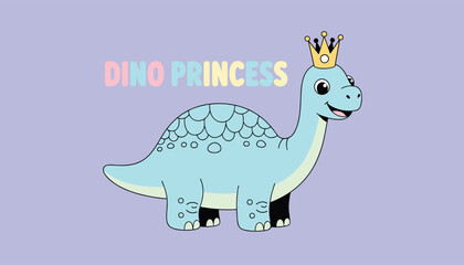 Naklejka premium Cute cartoon blue dinosaur princess wearing a golden crown standing on a soft purple background vector.