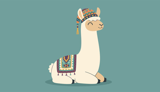 Cute cartoon llama sitting peacefully wearing a colorful patterned hat and blanket on a teal background.