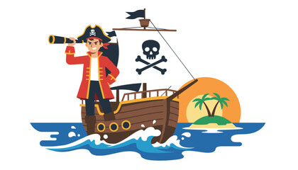 Fototapeta premium Brave cartoon pirate captain standing on wooden sailing ship looking through telescope near desert island.