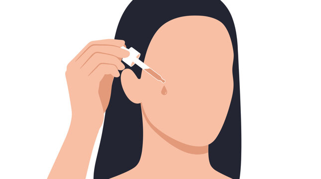 Woman applying serum dropper to ear for skincare or ear drops treatment