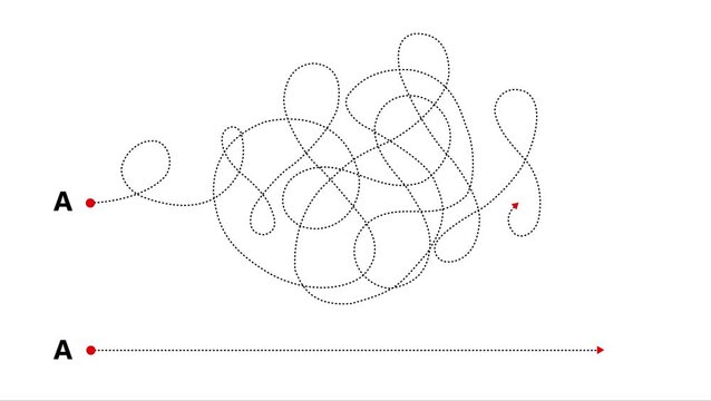 Complex and easy way from point A to B. hand drawn doodle scribble chaos path lines. kids tracing paths 4k video animation.