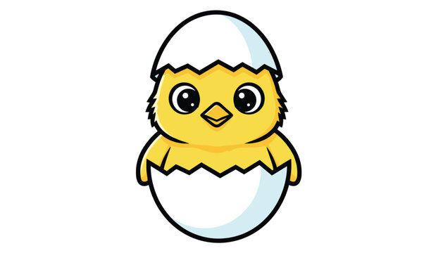 Cute cartoon baby yellow chick hatching from an eggshell isolated on a clean white background vector.