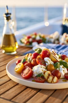Fresh burrata salad with colorful cherry tomatoes, grilled cheese, basil and olive oil served outdoors by the sea at golden hour. Mediterranean summer dining and healthy gourmet cuisine