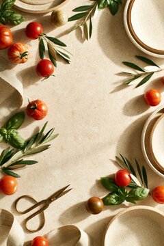 Mediterranean flat lay with fresh tomatoes, basil, olive branches and ceramic tableware on a sunlit stone background with copy space