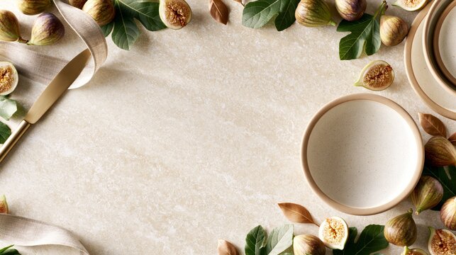 Minimalist composition with fresh figs, ceramic bowls and linen on a natural stone background with generous copy space