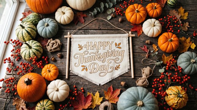 Happy thanksgiving day celebration with pumpkins and fall decorations