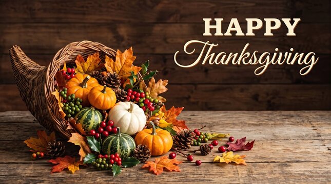 Happy thanksgiving day cornucopia autumn harvest still life with pumpkins fruits and fall foliage