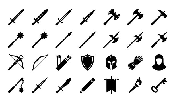 Medieval Weapon Black Silhouette Icon Set with Historic Arms and Fantasy Battle Equipment Vector Collection