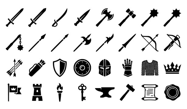 Fantasy and Medieval Weapon Silhouette Pack with Historic Arms Shields Helmets and Castle Icons Vector Illustration
