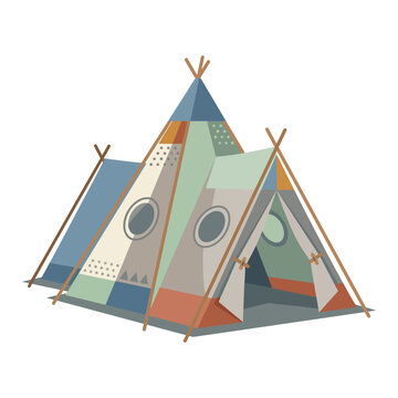 Colorful patchwork teepee tent structure.