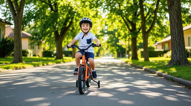 Happy child in helmet rides orange bike with training wheels on sunny suburban street. Young boy learns to cycle on quiet road, summer day, surrounded by green trees and houses.