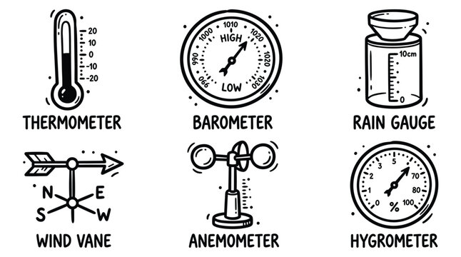 Weather Instruments Vector Doodle Icon Set: Hand Drawn Meteorology Equipment with Labels Featuring Thermometer, Barometer, Rain Gauge, Wind Vane, Anemometer and Hygrometer