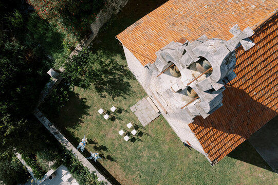 Aerial view of small church and garden in Perast Montenegro