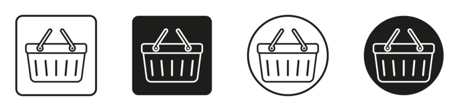 Shopping basket icon set. Shopping basket, retail cart, grocery basket, e-commerce, and supermarket symbols representing online shopping, retail stores, groceries, checkout, and consumer purchases.