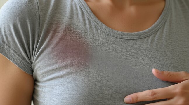 Woman wears grey tshirt with large dark sweat stain under arm area. Person feels discomfort from excessive perspiration on clothes. Visible wet mark indicates hyperhidrosis condition heat problem.