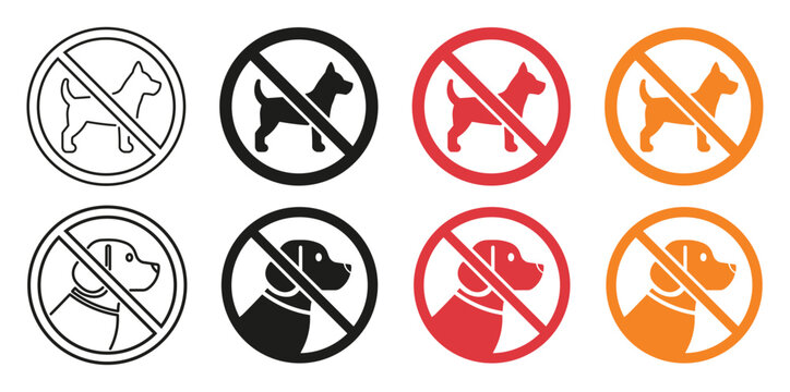 No pets allowed sign set. No dog, no pets, prohibited animals, restricted pet access, and prohibition symbols representing public safety, facility rules, park regulations, hygiene, and access control.