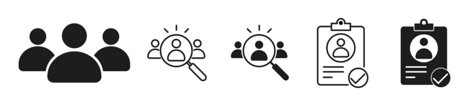 Recruitment icon set. Candidate search, employee selection, talent acquisition, hiring, resume review, and recruitment process symbols representing human resources, staffing, business, and workforce.