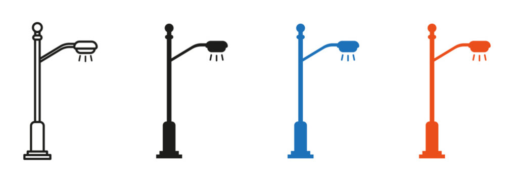 Street light icon. Street lamp, road lighting, outdoor illumination, public lighting, and urban infrastructure symbols representing smart cities, highways, parks, and public safety.