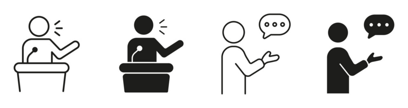 Public speaking icon set. Speaker, presentation, communication, speech, business meeting, and discussion symbols representing conferences, education, leadership, and professional communication.