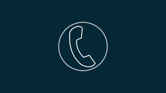 Animated white line icon of a telephone handset inside a circle on a dark blue background.