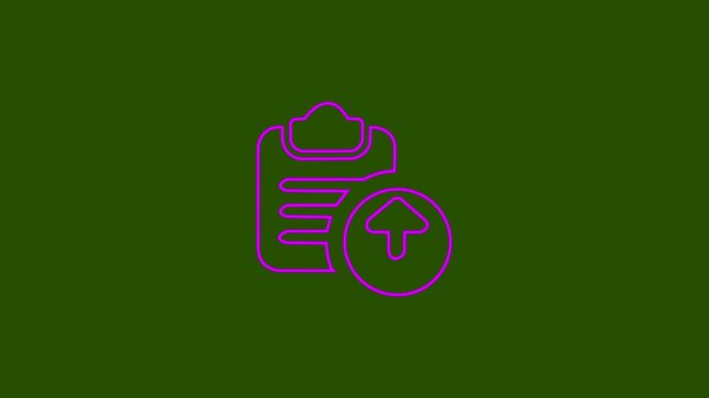 Minimalist clipboard and upload arrow icon animation on green background. Document data export concept.