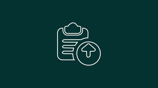 Minimalist clipboard and upload arrow icon animation on sine background. Document data export concept.