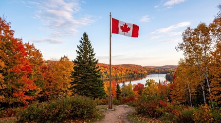 Canadian thanksgiving day landscape vibrant autumn foliage with canadian flag and scenic lake view