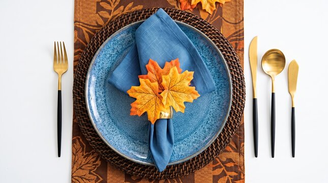 Elegant thanksgiving day table setting with blue plate woven charger and autumn maple leaf napkin ring