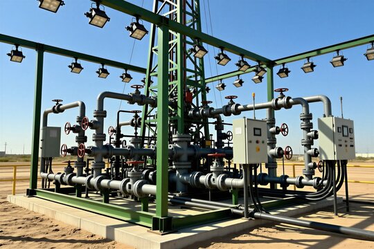 Industrial gas well head equipment on desert field site. Metal pipes valves, green steel rig structure stand under bright sun. Modern drilling platform control panel works for natural fuel