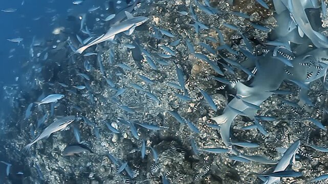 Marvel at Fiji's marine marvels. Gentle nurse sharks journey through a shimmering multitude of fish, with faithful remoras attached, a captivating glimpse into the ocean's vibrant pulse.