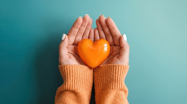 Thanksgiving day gratitude hands holding orange heart symbolizing love and appreciation for holiday season