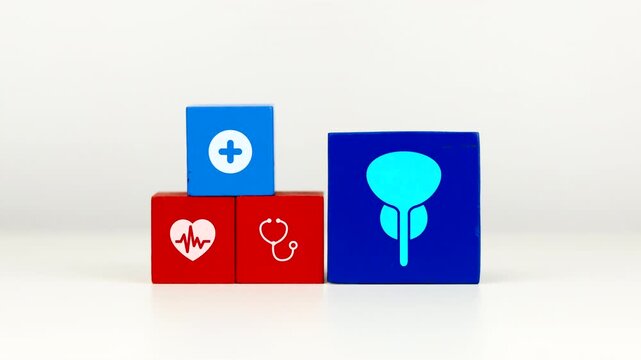 The doctor's hand displays a cube with a prostate icon. Prostate health awareness and prevention of prostate cancer and benign prostatic hyperplasia (BPH).