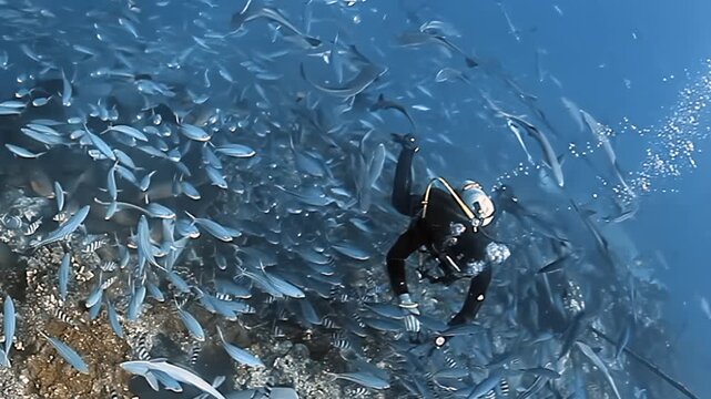 Submerge into Fiji's sapphire embrace. A diver witnesses an incredible marine spectacle, enveloped by a colossal fish school, as gentle nurse sharks and their remora friends swim gracefully.
