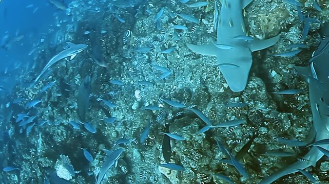 Witness the serene yet dynamic marine life of Fiji. Nurse sharks navigate the bustling reef, accompanied by loyal remoras and encircled by a dazzling, countless school of fish during daylight.