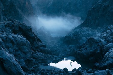 Fototapeta premium Frost-Rimmed Volcanic Rocks in Fjord Inlet at Blue Hour Dawn