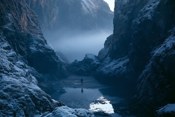Fototapeta premium Lone Fisherman Silhouette on Frosted Fjord Rocks at Dawn