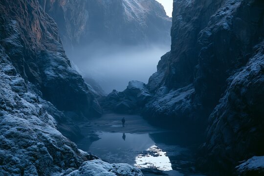 Lone Fisherman Silhouette on Frosted Fjord Rocks at Dawn