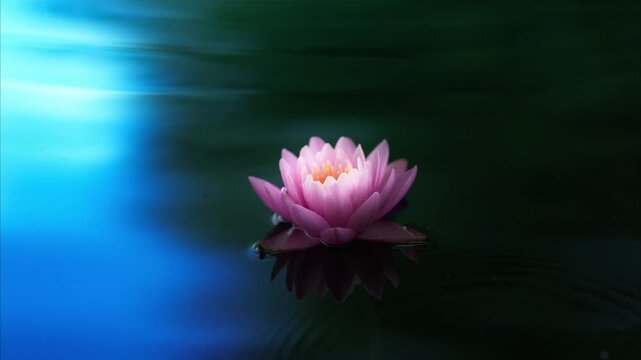 Pink lotus flower or waterlily on blue green background. Slowmotion
