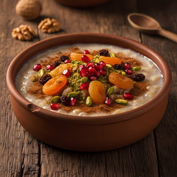 Traditional Turkish Ashure pudding in a rustic clay bowl topped with pomegranate, dried apricot, pistachio, and cinnamon. Served on a dark wooden background with whole walnuts.