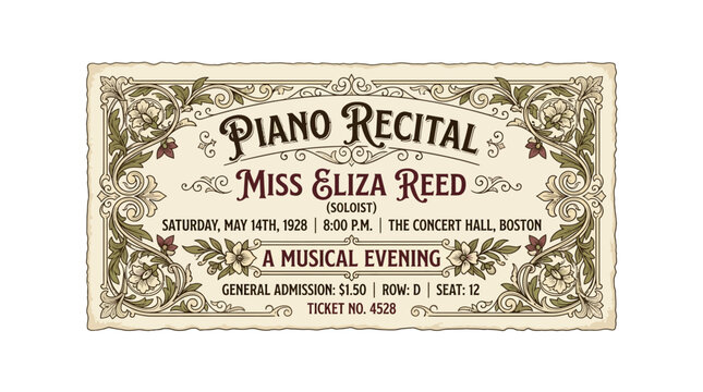 Vintage Piano Recital Ticket Invitation - Miss Eliza Reed