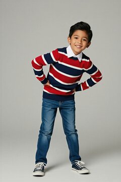 Young boy poses in studio with hands on hips. He wears striped sweater over white collar shirt blue jeans and sneakers. Full body shot against plain grey backdrop.