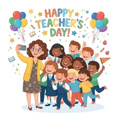Fototapeta premium Happy teacher's day celebration with students and balloons