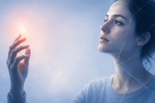 Woman reaching towards light through cracked glass, mental health recovery and personal resilience concept