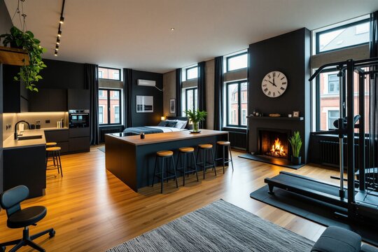 Modern loft studio apt with open plan kitchen bed area and home gym. Dark tones, wood floor, fireplace create cozy, stylish living space. Perfect for design inspiration.