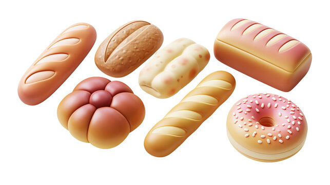 Assorted fresh bread icons and donut isolated on transparent background for professional food design and menu layout commercial projects