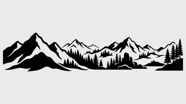 Mountain range silhouette with pine trees and water