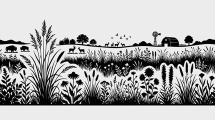 Rural landscape with wildlife and vegetation silhouettes © Sidu