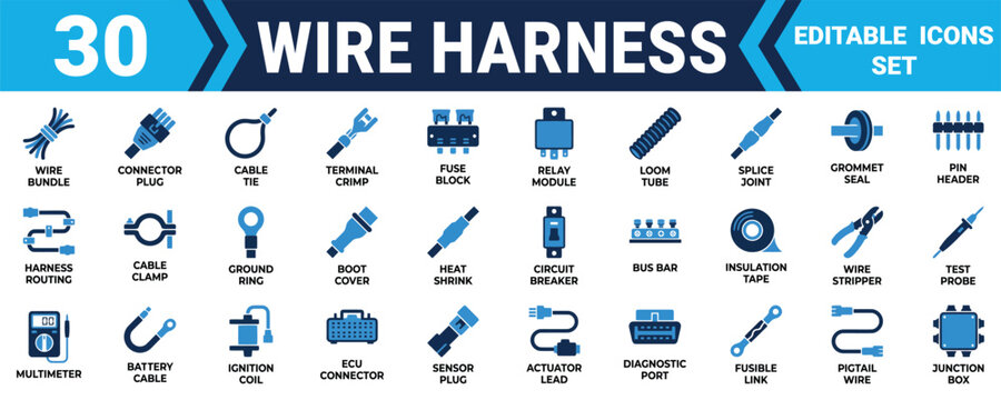 Set of 30 editable wire harness and electrical connector icons for automotive and industrial engineering Minimal solid fill icon set bundle collection. Editable Vector Illustration Mega pack