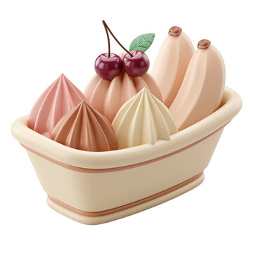 Colorful gourmet ice cream scoops with cherries and banana in a boat dish isolated on transparent background for culinary graphic design